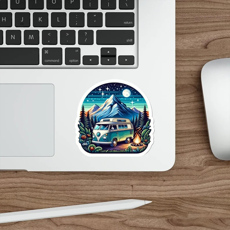 Vintage Camper Van Sticker – Mountain Scene, Outdoor Adventure, Water-Resistant