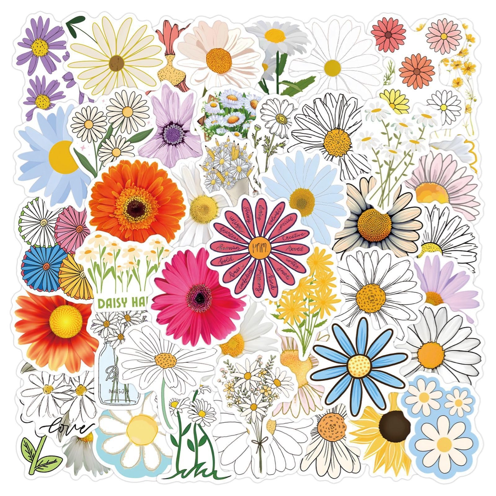 Cute Daisy Stickers 55PCS Beautiful Plants Waterproof Flower Colourful