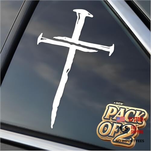 Cross of Nails Sticker – Vinyl Christian Sign Decal, Pack of 2, 5.9 x 4 inches