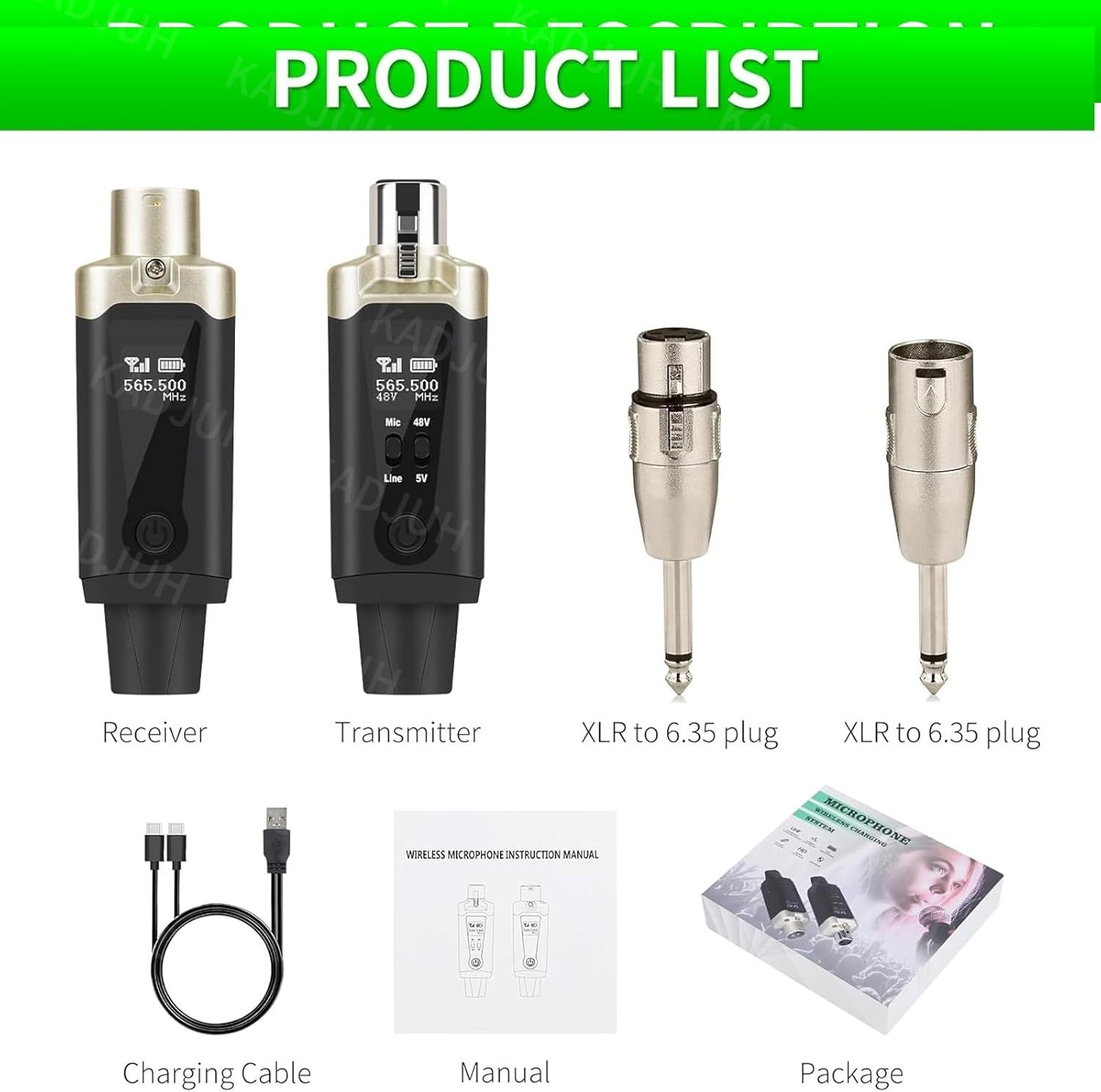 Wireless XLR Transmitter Receiver Set, Rechargeable Mic Adapter, 16 Channels, 19