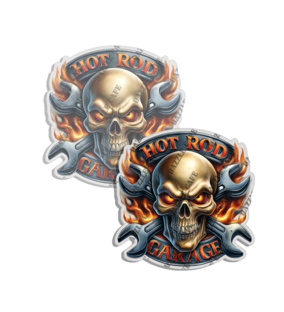 Garage Stickers Hot Rod Shop Flaming Skull and Wrenches Decal Made in USA 2 PACK