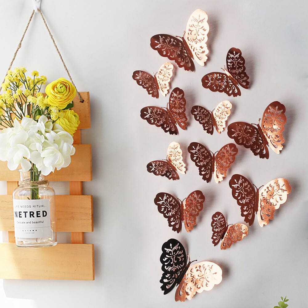 12 pcs 3d cute rose, silver, and gold butterfly wall decor, party, wedding, diy