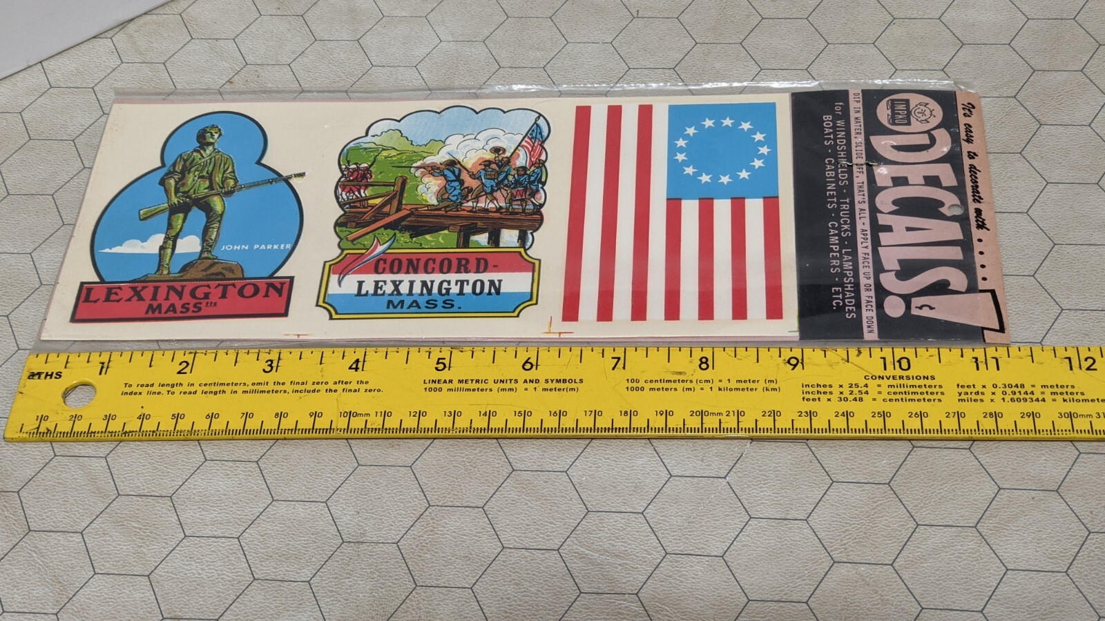 Lexington Mass / Concord / Colonial Flag 3" x 4" Lot of 2 Vintage Impko Decals!