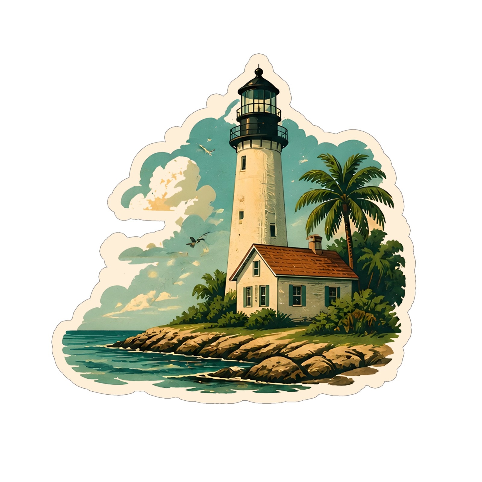 Vintage Retro Waterfront Lighthouse Seaside Park Whimsical Vinyl Decal Sticker