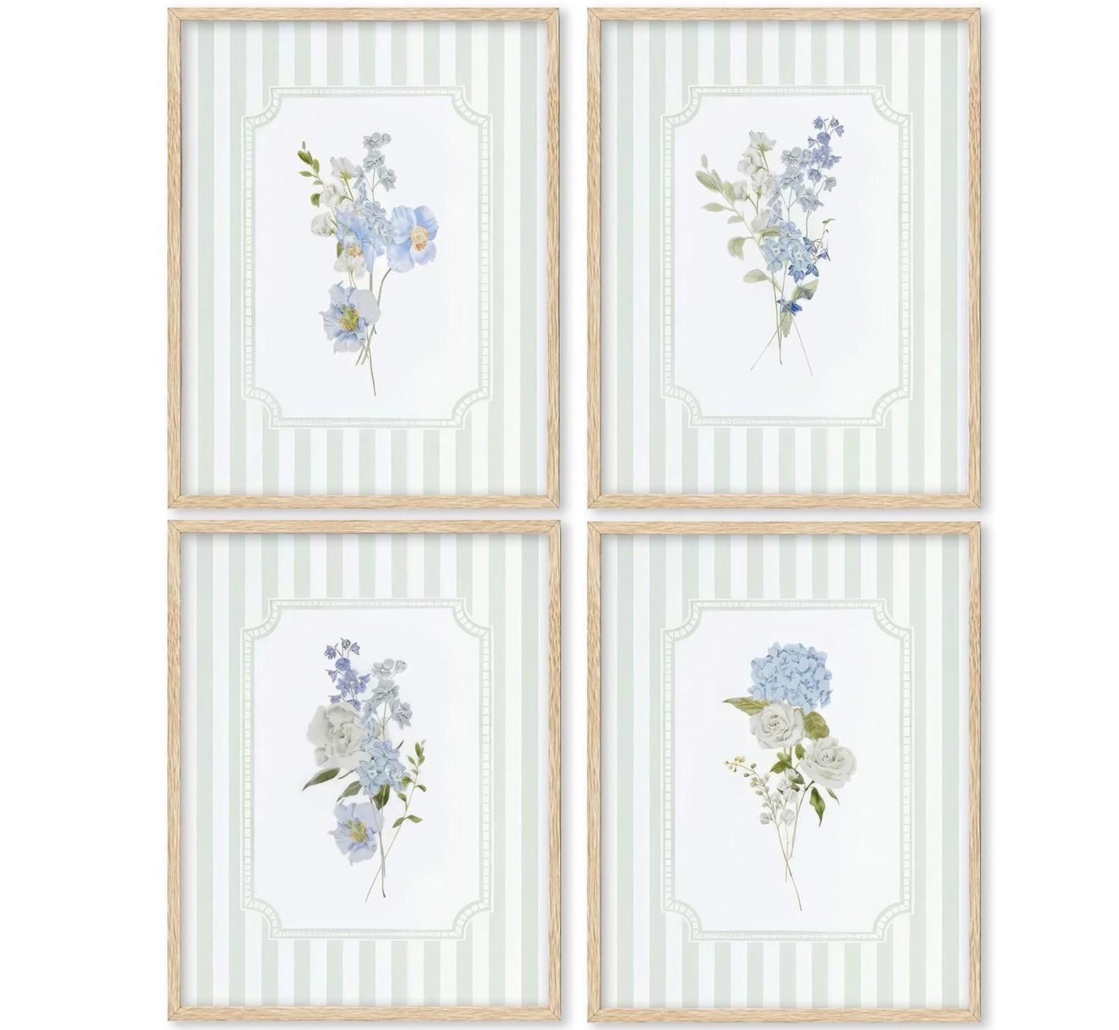 Blue White Florals Wall Art Sage Green Striped Hydrangea Pictures Wall Decor …