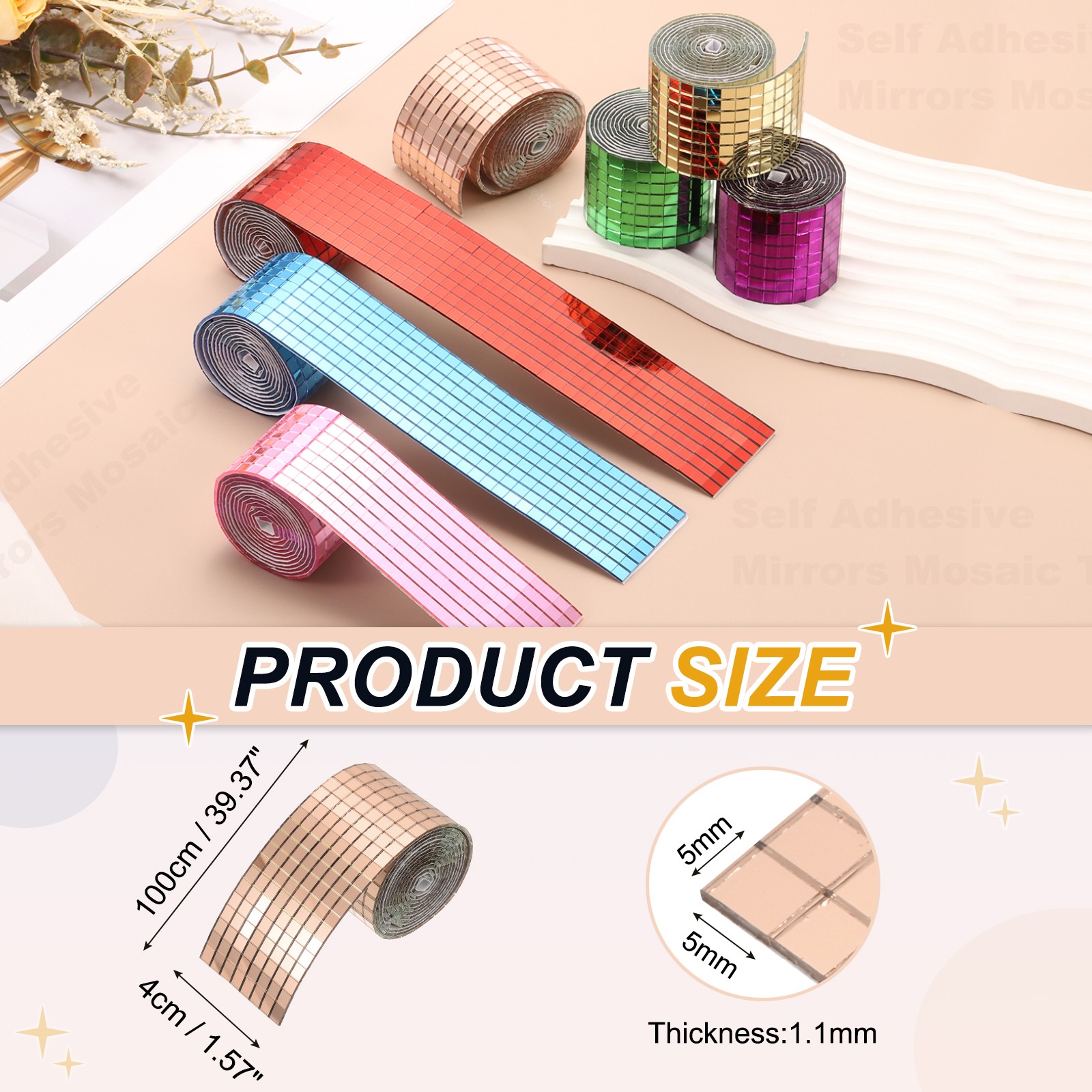 5x5mm Self Adhesive Mirrors Mosaic Tiles, 3200 Pcs Mosaic Sticker, Rose Gold