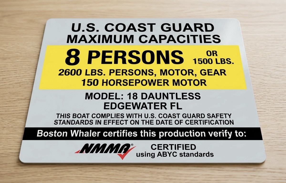 Boston Whaler 18 Dauntless Boat Capacity Plate Decal USCG Replacement Sticker