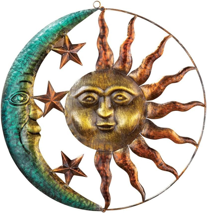 Artistic Sun and Moon Metal Wall Art for Indoors or Outdoors with Rustic Finish,