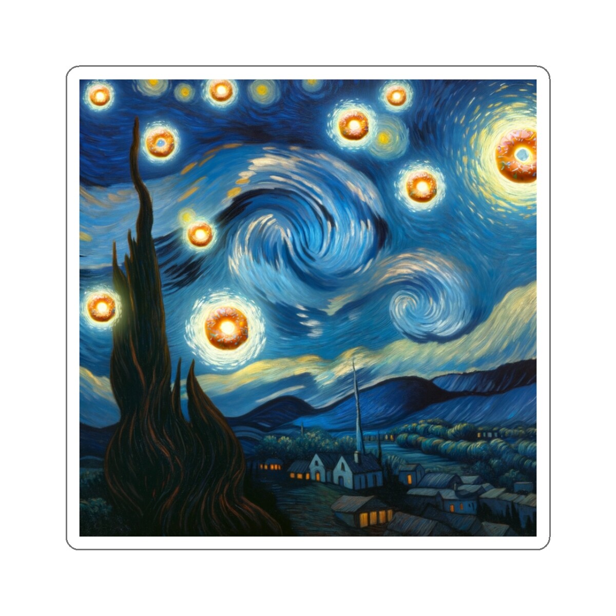 Sticker Starry Night With Donuts Funny Landscape Painting 2×2" 3×3" 4×4" 6×6"