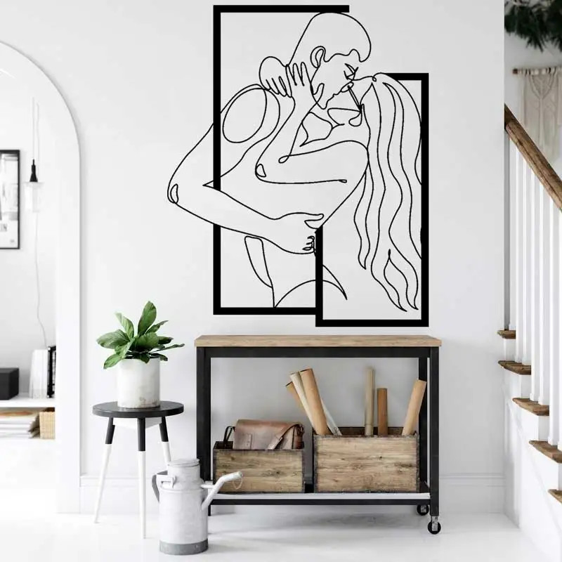 Minimalist Line Art Passionate Couple Kissing Wall Sticker Modern Fashion