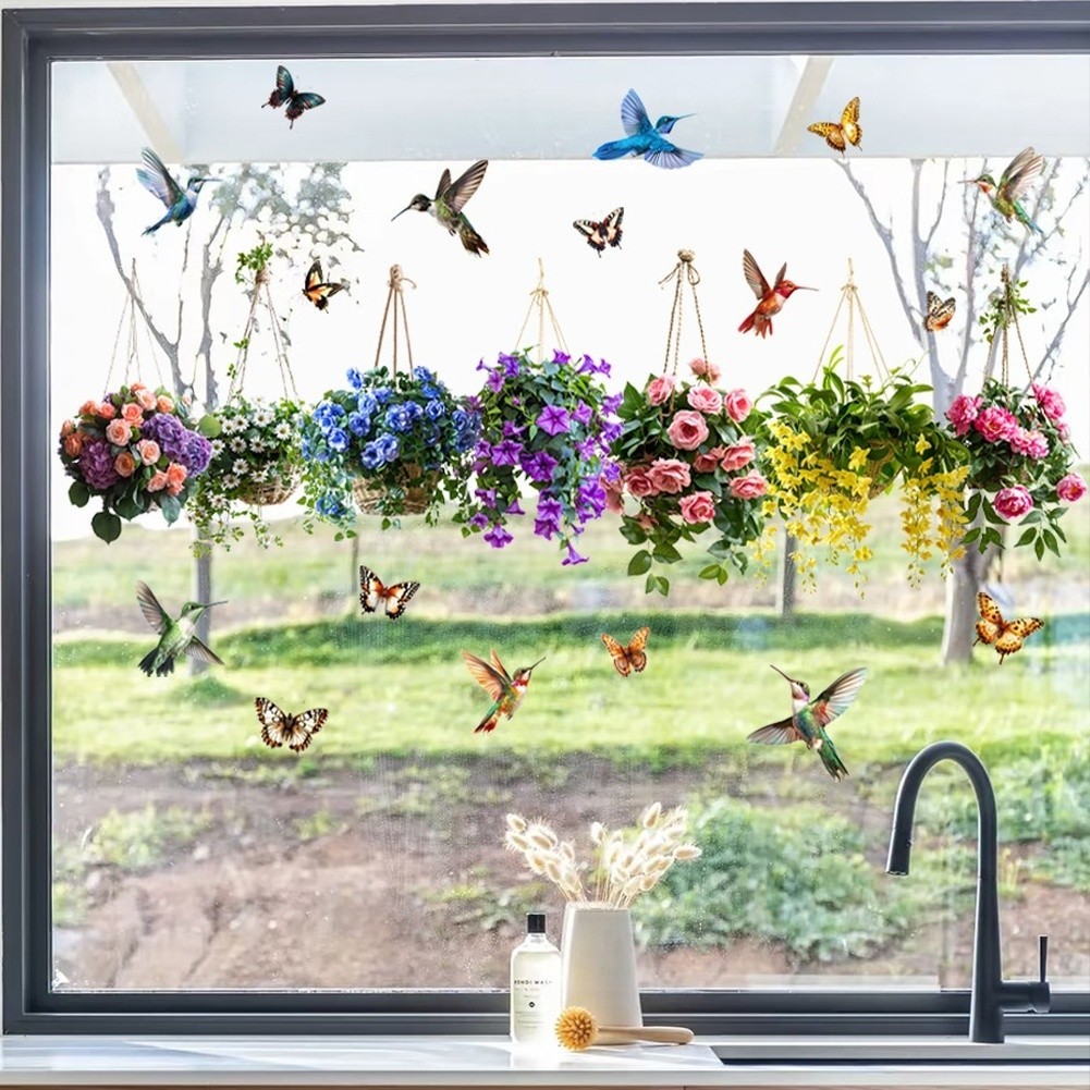 Static Cling Window Decals Floral Basket Birds Butterfly Pattern PVC Sticker