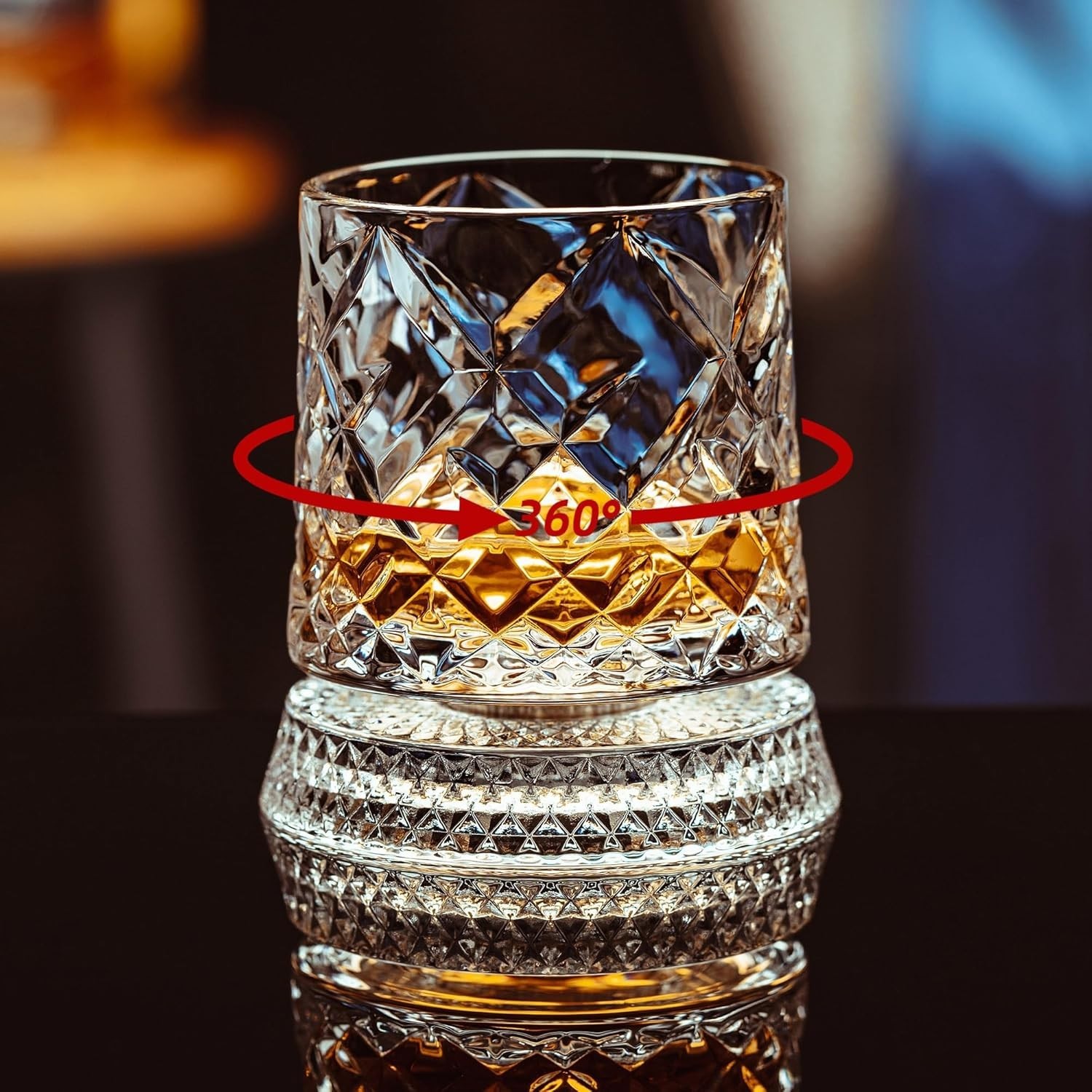 Spinning Whiskey Glasses Set of 4 with Iceball Molds, 9.5Oz Lead-Free Rotatable
