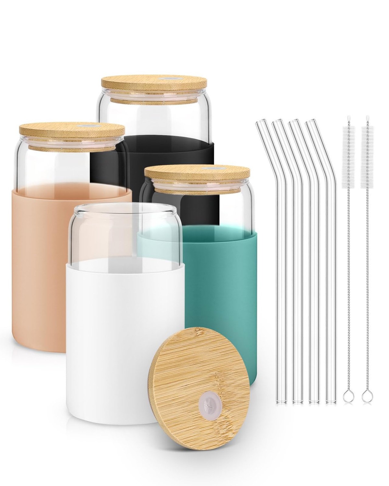 sungwoo Glass Cups with Lids and Straws, 4 Pack 16OZ Iced Coffee Cups with Si…