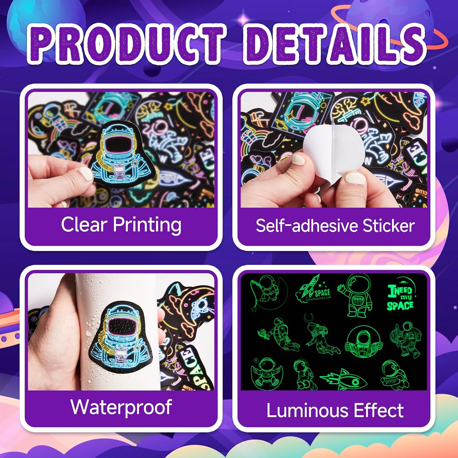 50 Pcs Glow in the Dark Space Themed Neon Stickers for Kids, Adults Waterproof