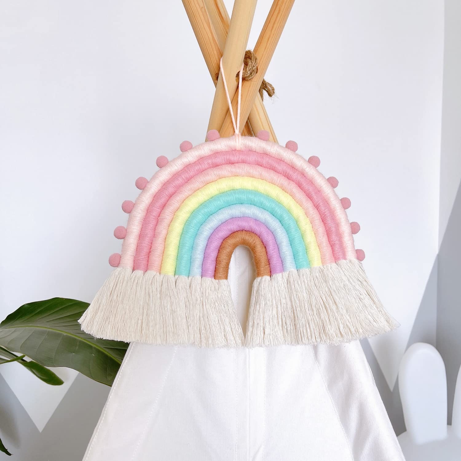 Large Macrame Rainbow Wall Hanging Decor Handmade Pom Pom Garland Rainbow Dec…