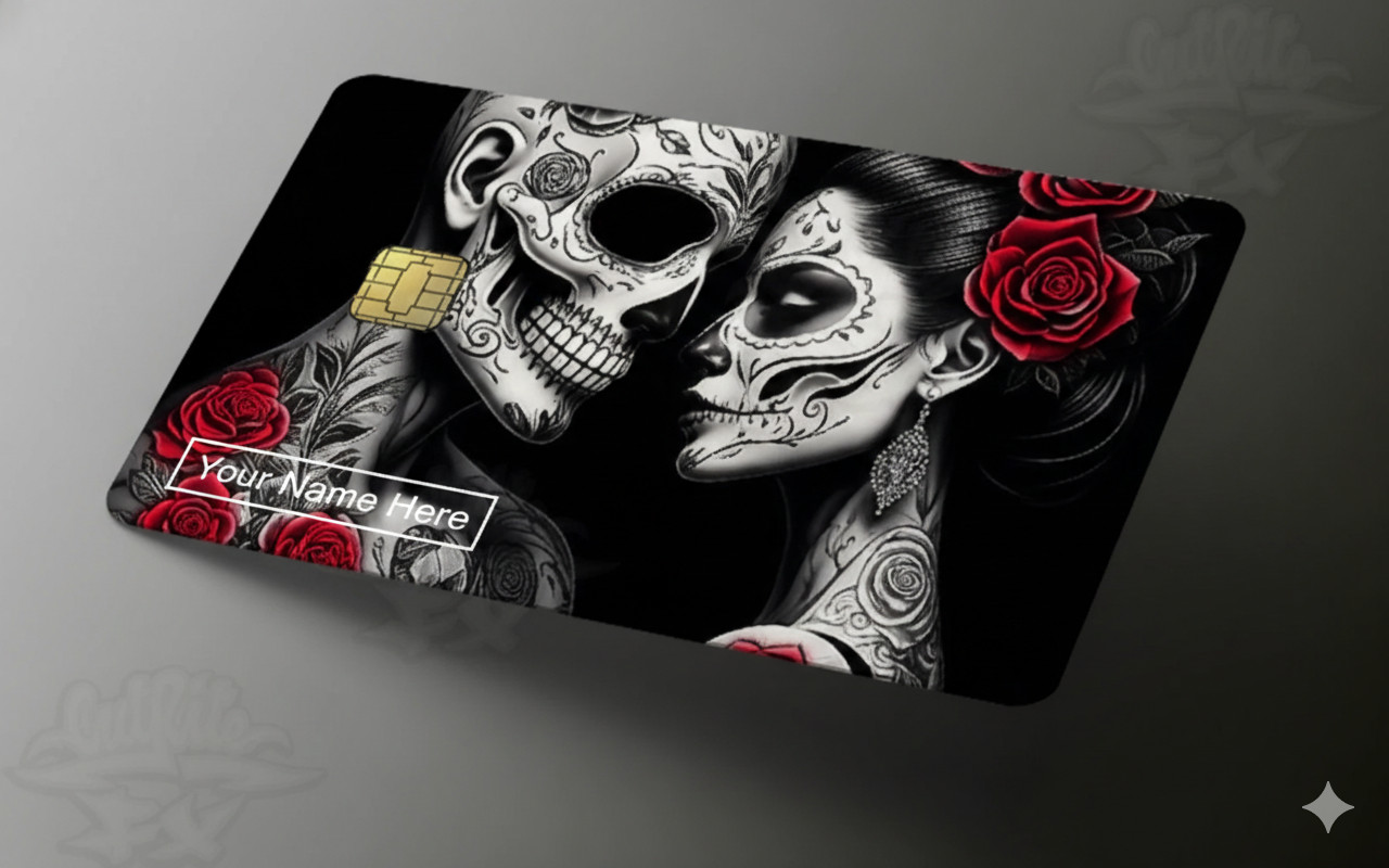 2 Pack Valentine's Day Lovers Credit Card Skin Sugar Skull Rose Custom Name