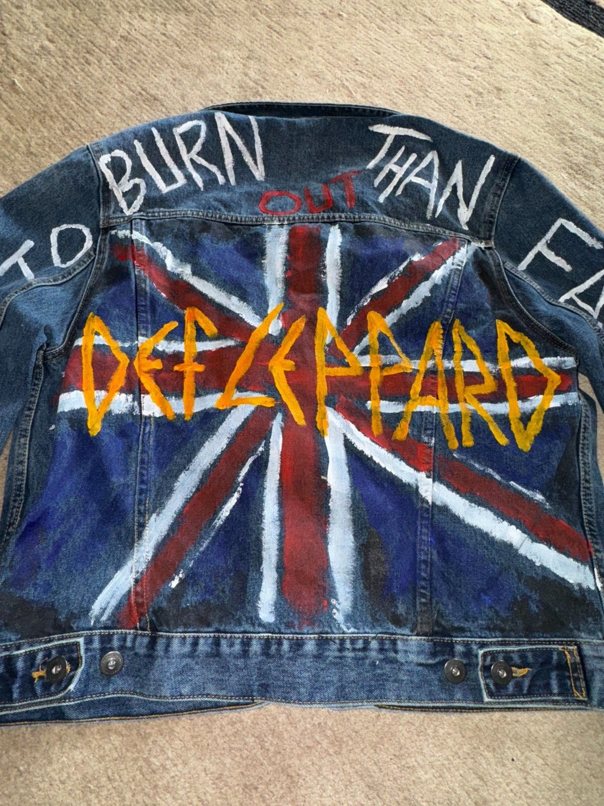 DEF LEPPARD DENIM HANDMADE JACKET- BETTER TO BURN OUT THAN FADE AWAY- PHOTOGRAPH
