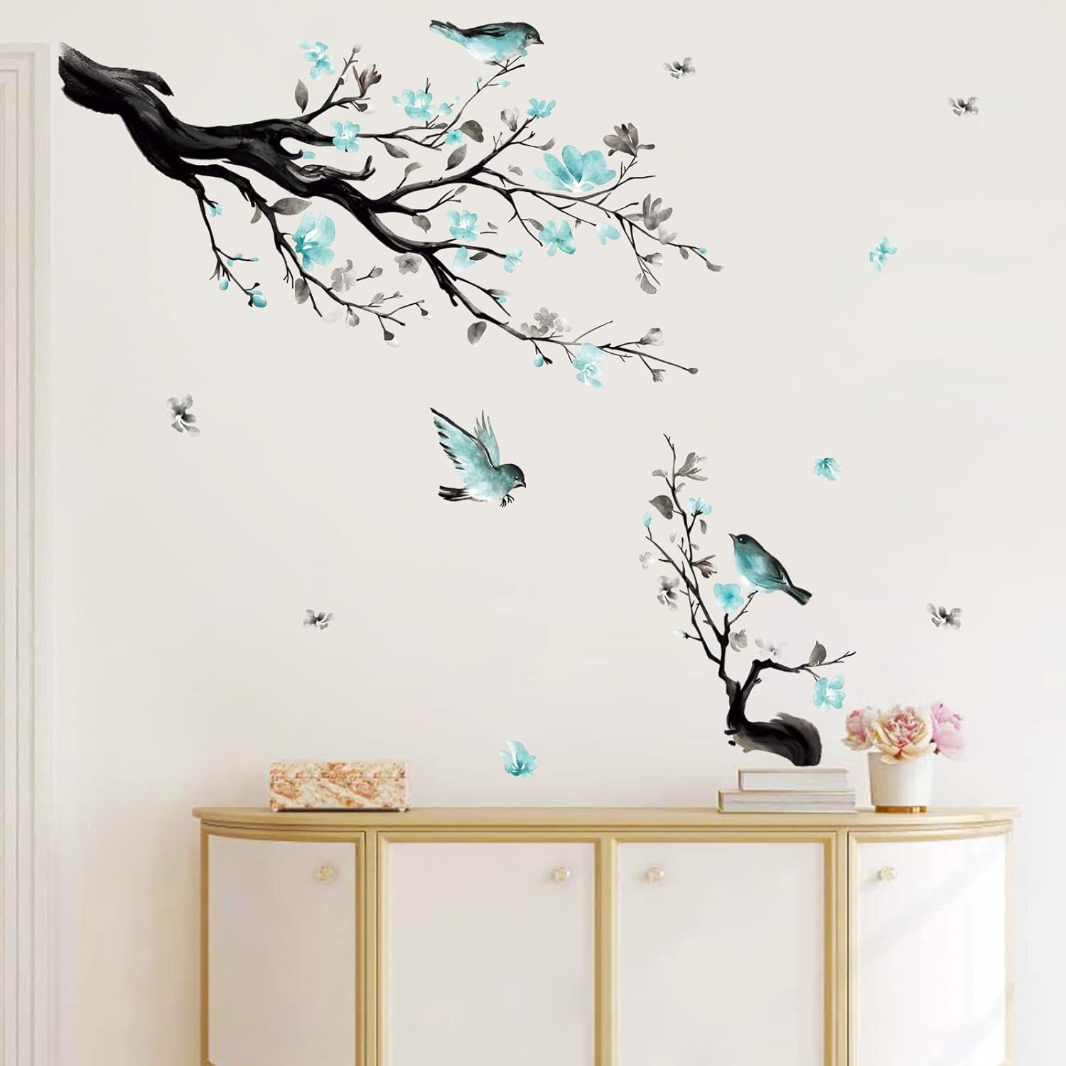 Watercolor Blue Flower Wall Decals Blossom Bird Tree Branch Wall Stickers Living