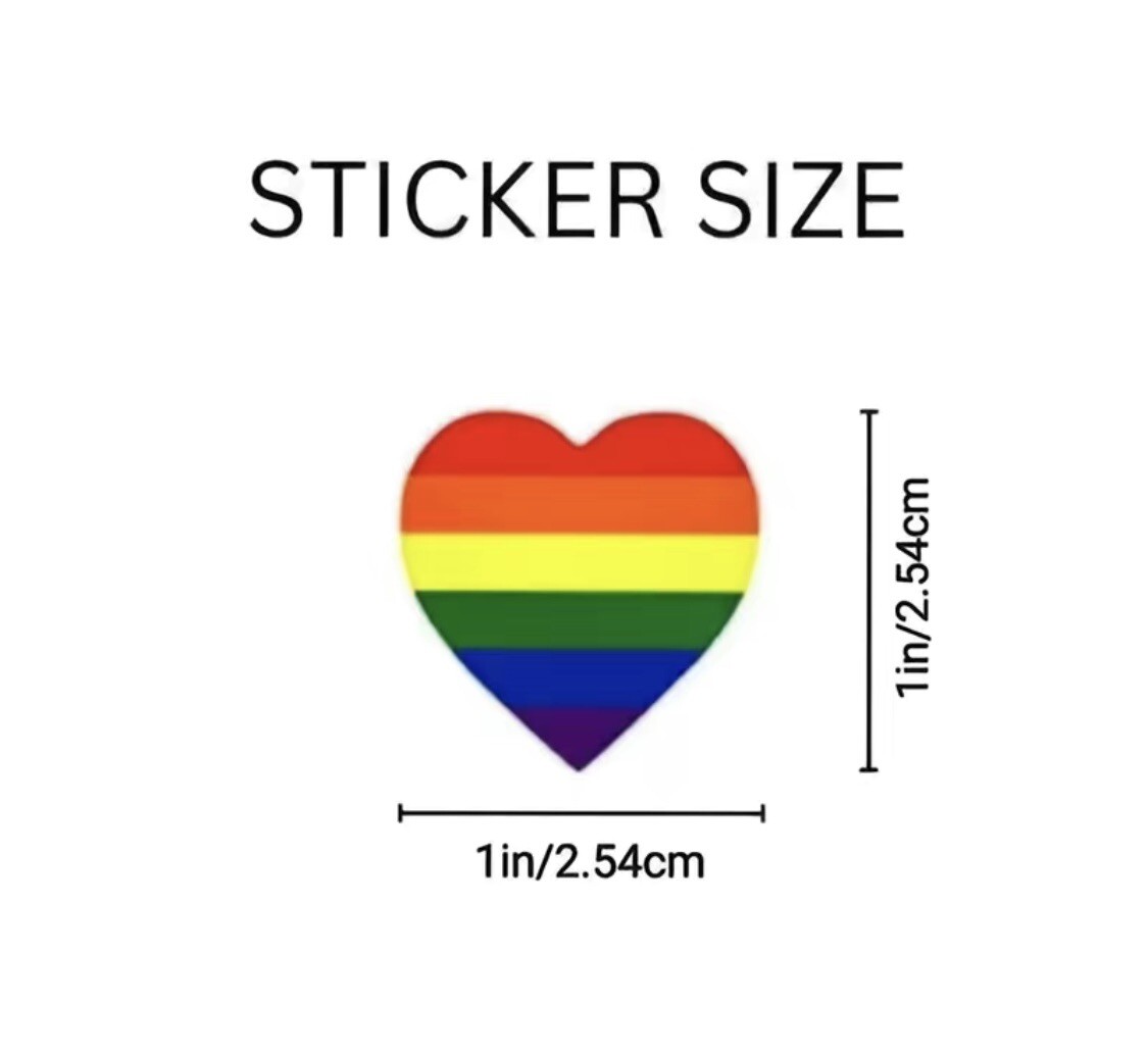 500 Gay Pride Stickers LGBTQIA Rainbow Heart Shape Adhesive 1 in x 1"