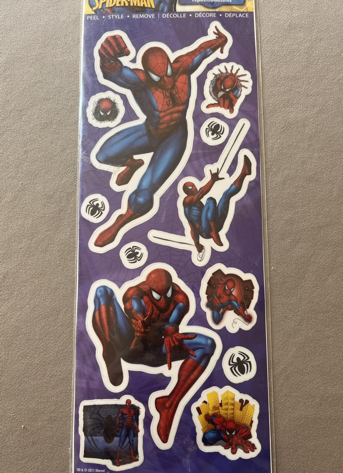 One Spider-Man Sheet Of Giant Removable Decals~12 Decals & Sheet Is 5” X 13”~New