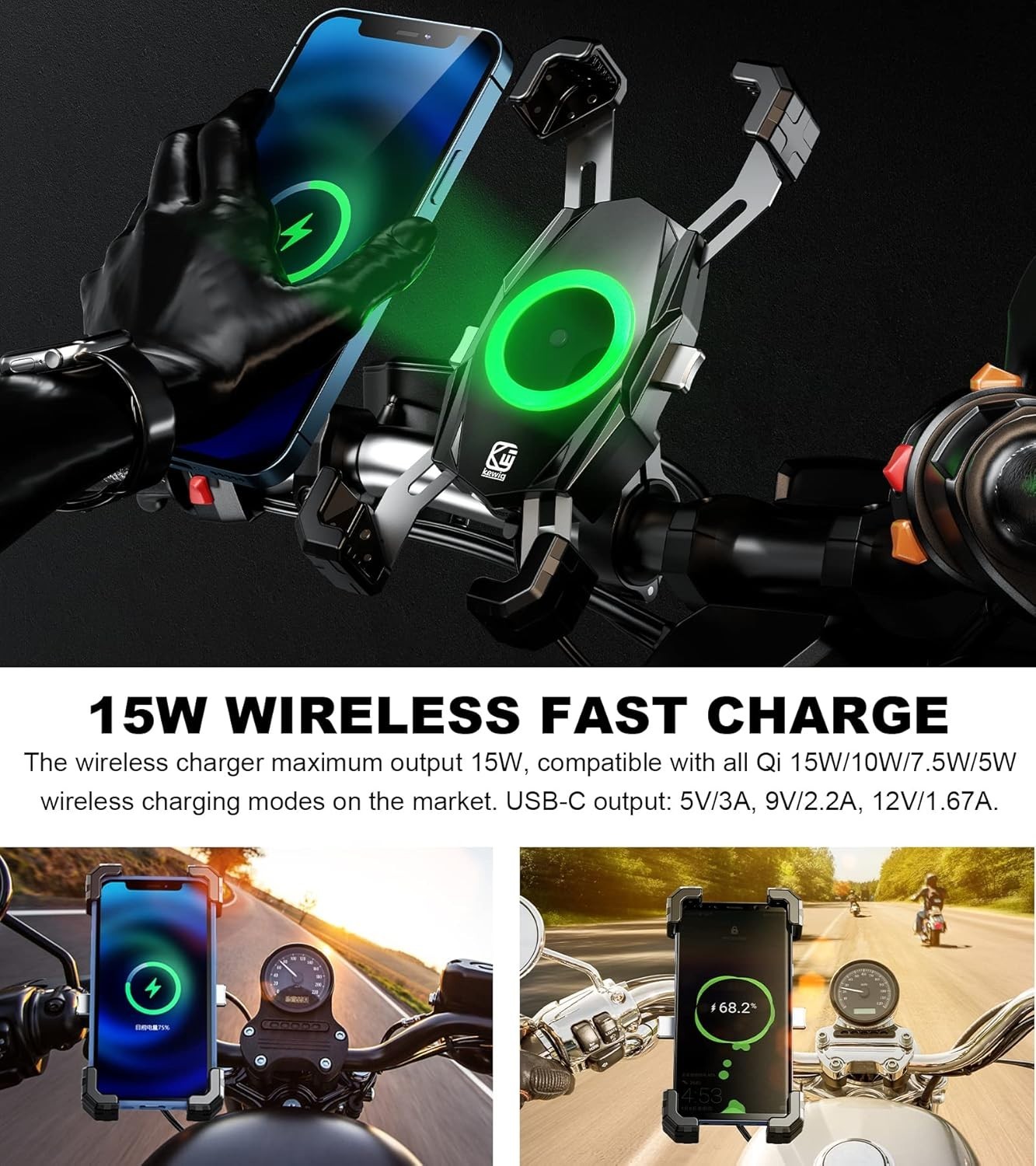 Motorcycle Fork Stem Phone Mount with Qi 15W Wireless Charger & Black