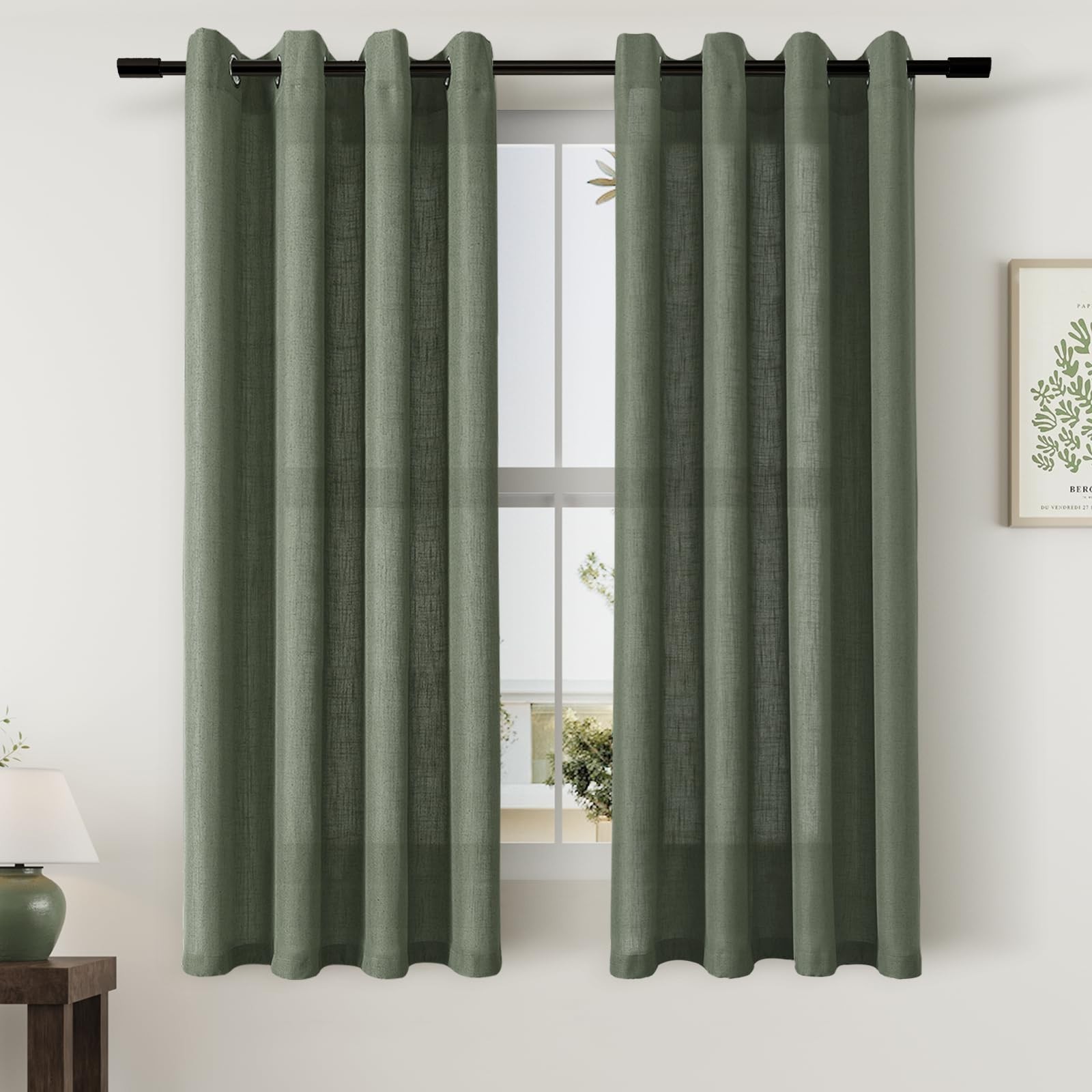 Green Linen Curtains 54 Inch Length 2 Panels for Kitchen Dining Room Grommet …