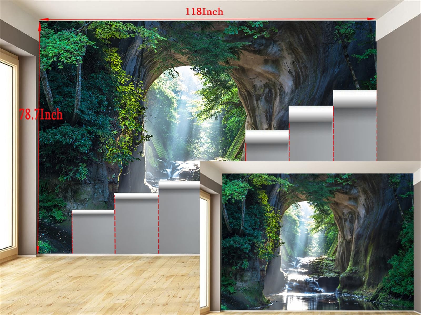 Waterfalls Flow Through Cave Peel and Stick Wall Murals 118"x78.7"-Self-Adhes…