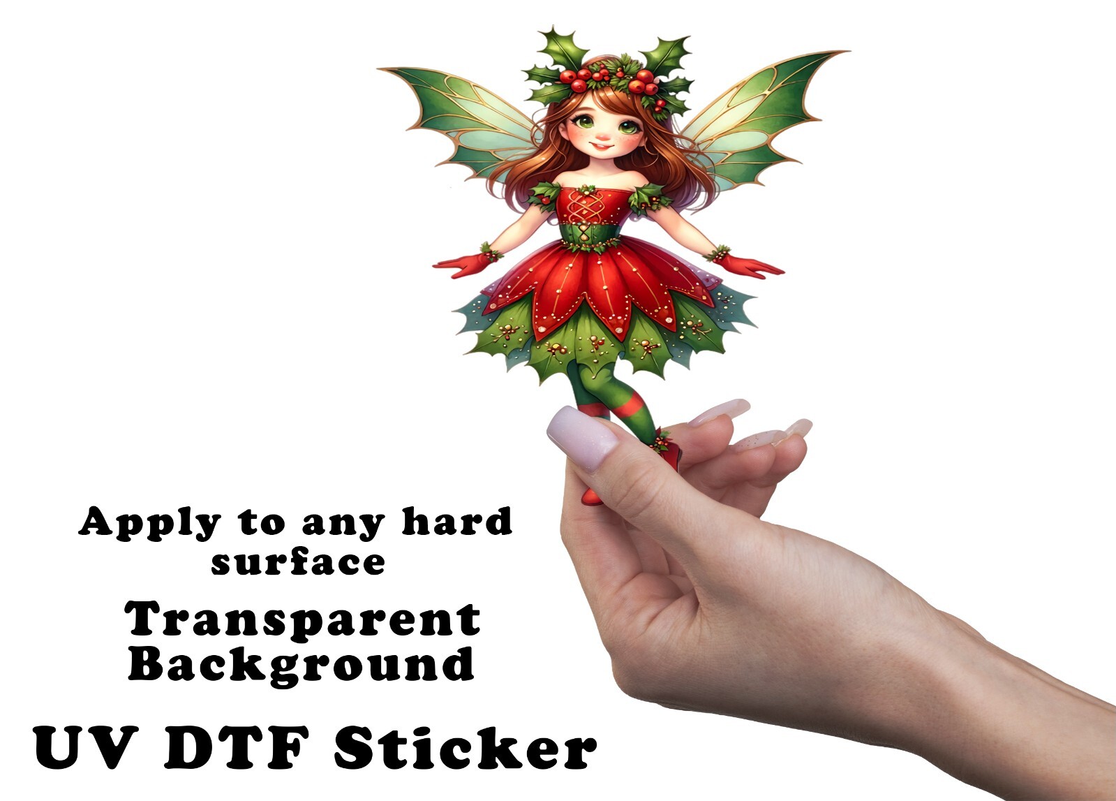 Christmas Holly Fairy UV DTF Transparent Sticker / Decal