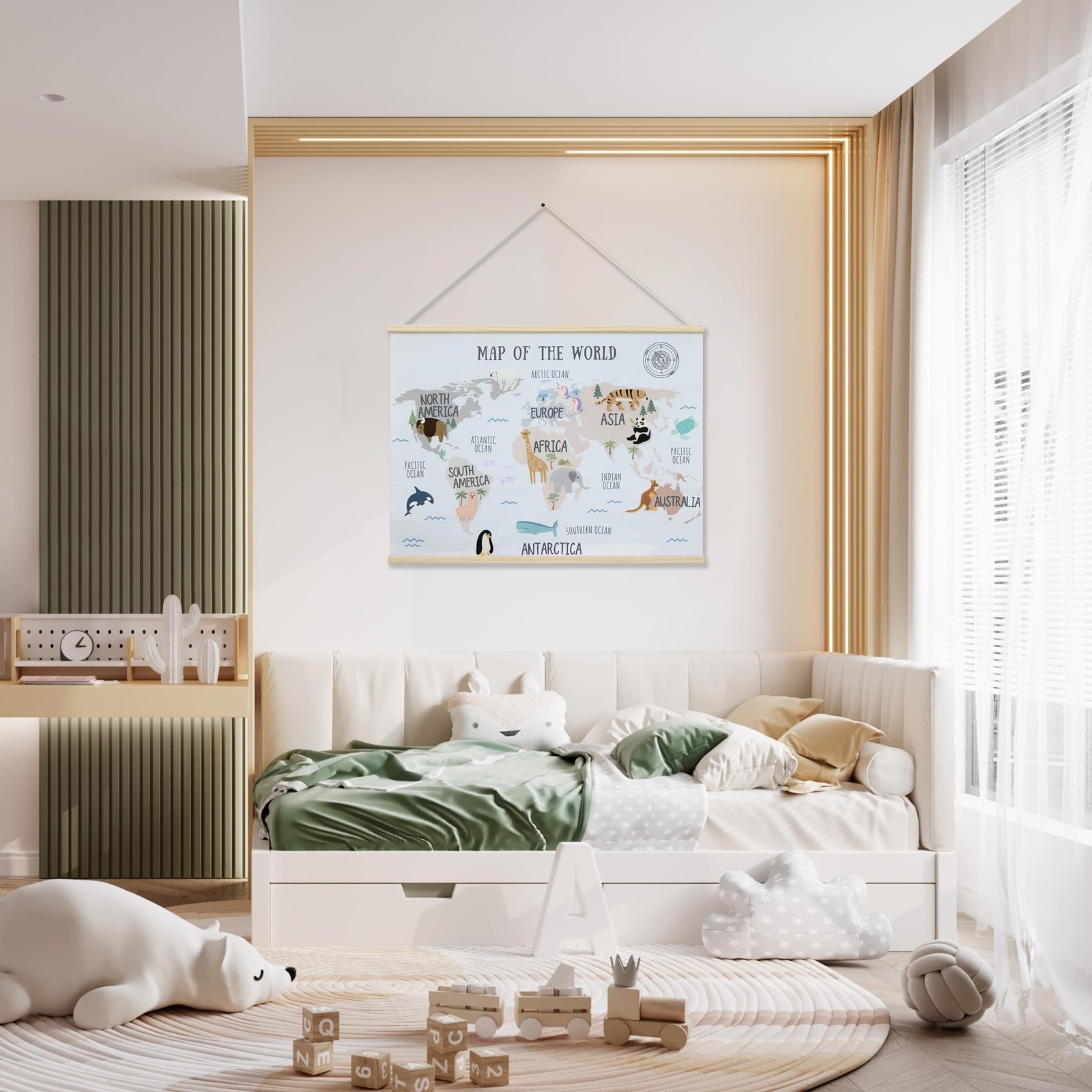 32 x 24 Inch Embroidered World Map Poster for Kids with Wood Hanger – Neut