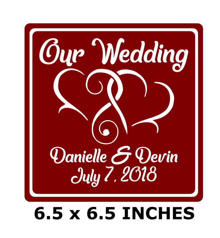 OUR WEDDING W/ NAMES & DATE CUSTOM VINYL DECAL FOR 8" GLASS BLOCK CRAFTS HEARTS