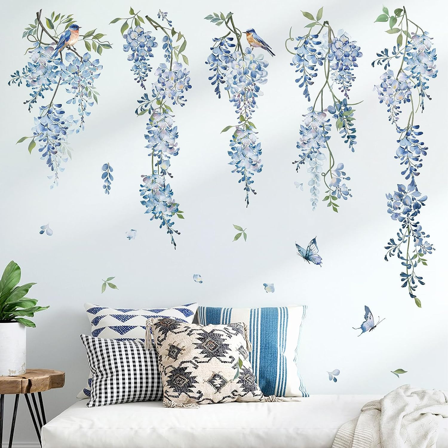 Hanging Flower Vine Wall Decal Blue Wisteria Floral Vines Wall Stickers Livin…