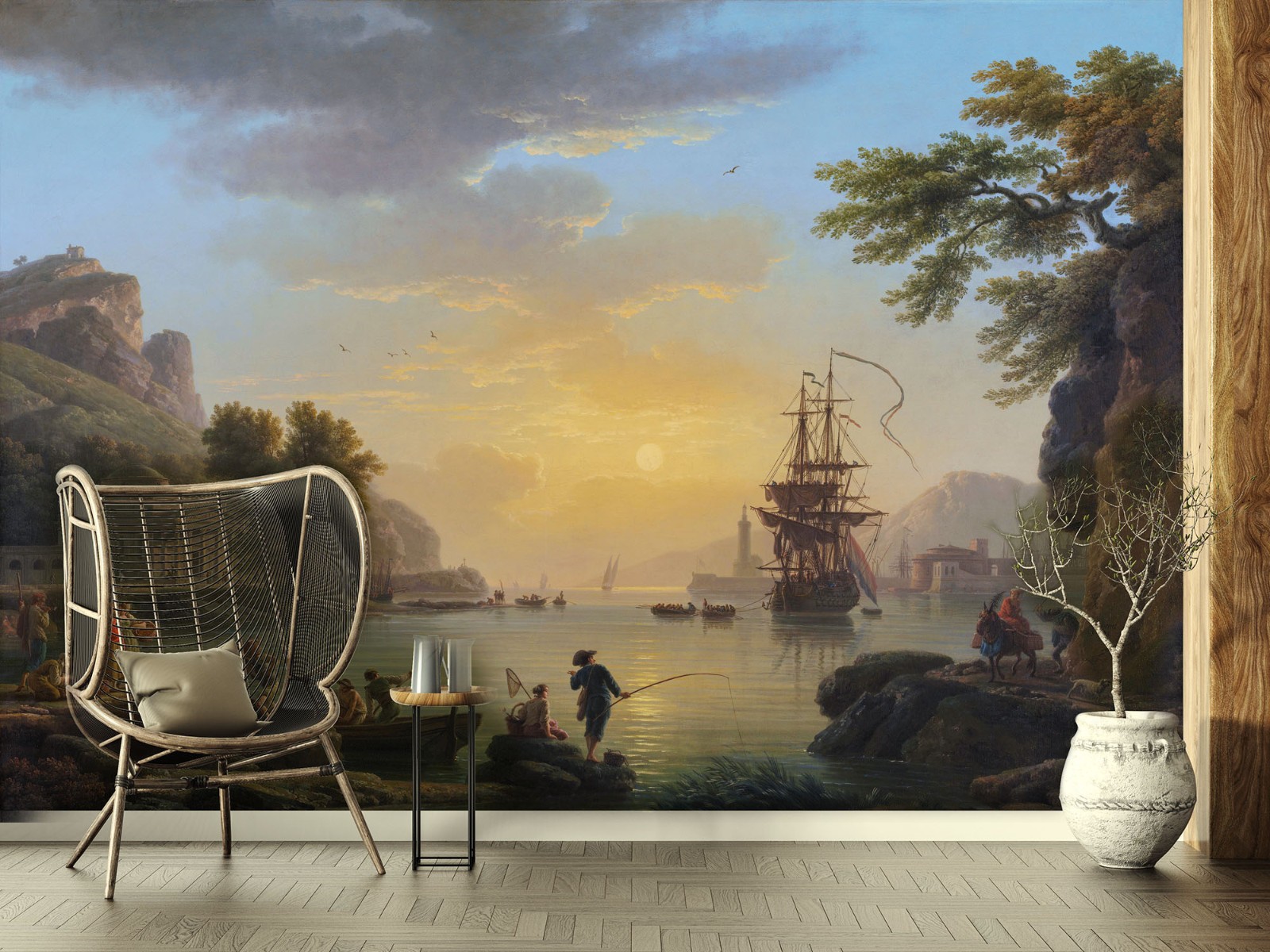 Sunset Coast & Sailboat Wallpaper, Classical Painting. Wall Decal, Tapestry