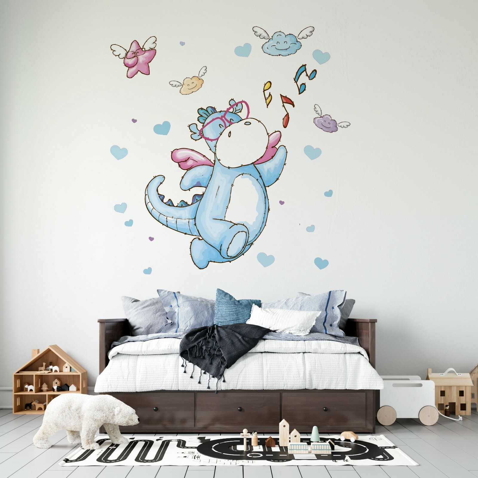 Vinyl Kids Bedroom Nursery Watercolor Art Flying Baby Dragon Adhesive Wall Decal