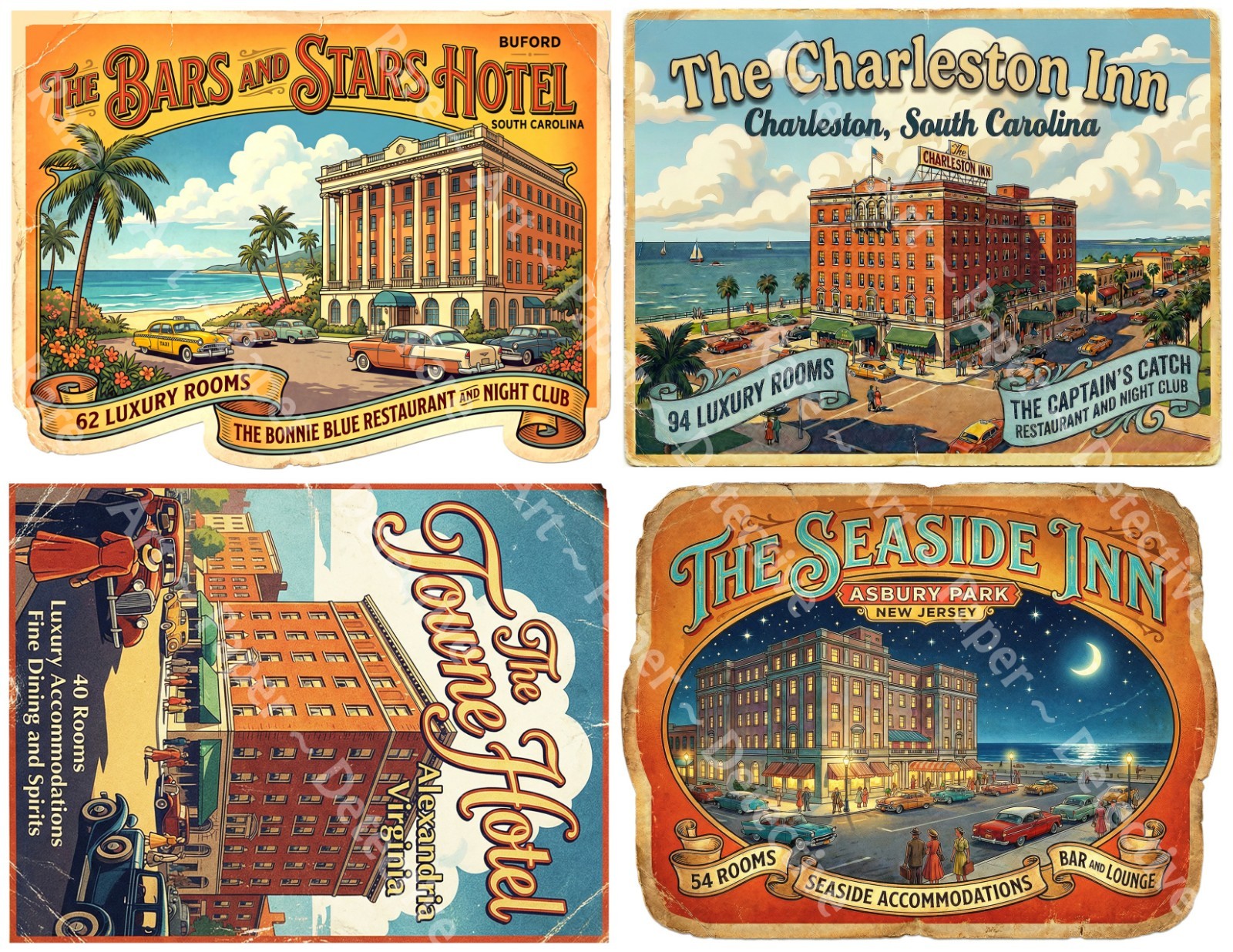 Vintage Hotel Luggage Stickers, 4 Retro Labels on 1 Cut & Peel Sheet, 1431