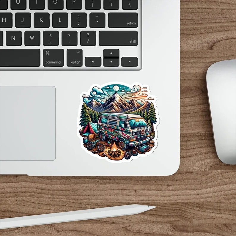 Van Life Adventure Sticker – Water-Resistant Camping Scene, VW Bus, Outdoor Gift