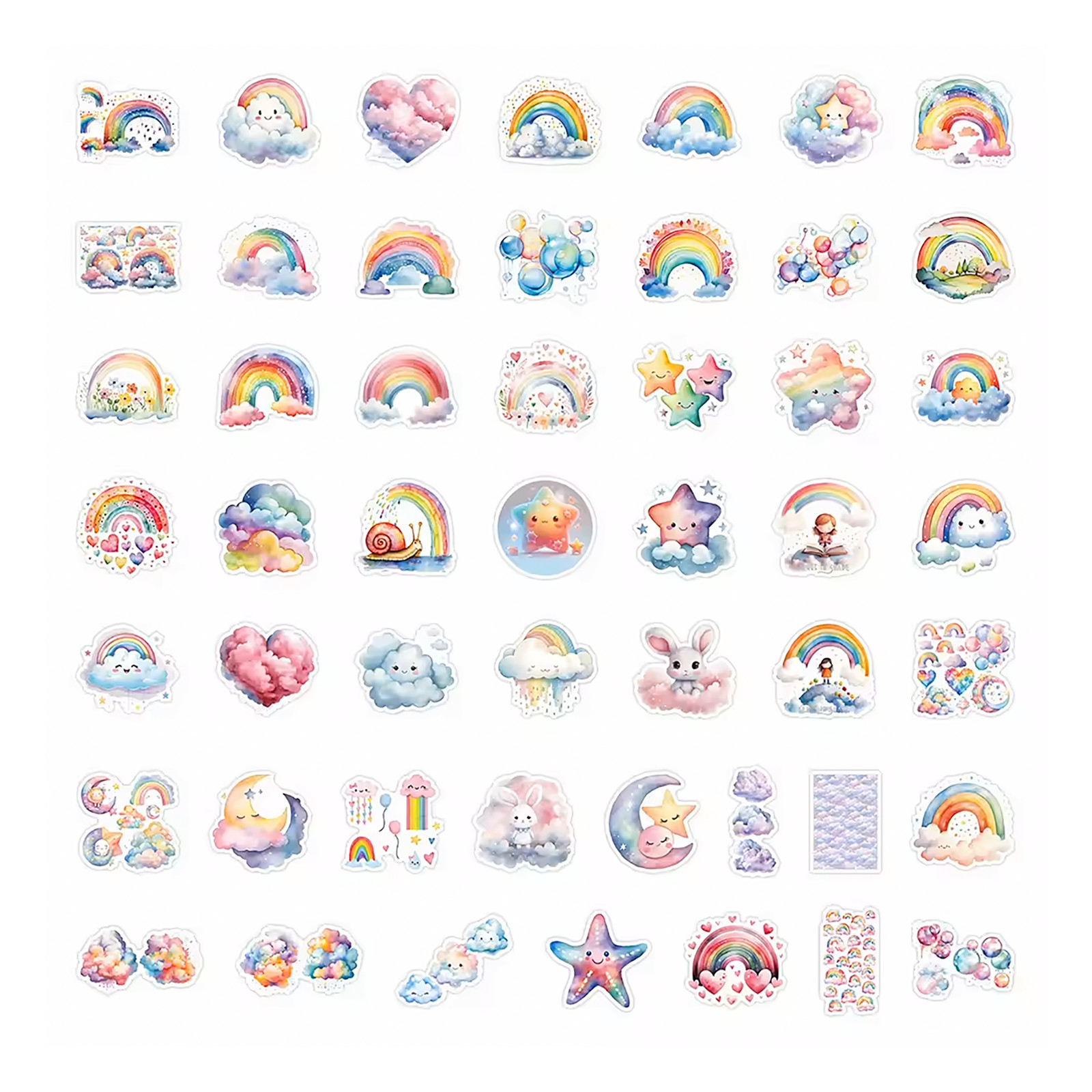 50 PCS Baby Rainbow Sticker Pack Fairytale Rabbits Fluffy Clouds Cartoon Gifts