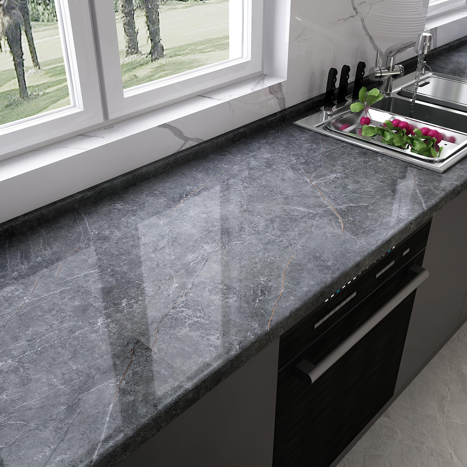 Gray Marble Peel and Stick Glossy Dark Grey Granite Wallpaper Adhesive Remova…