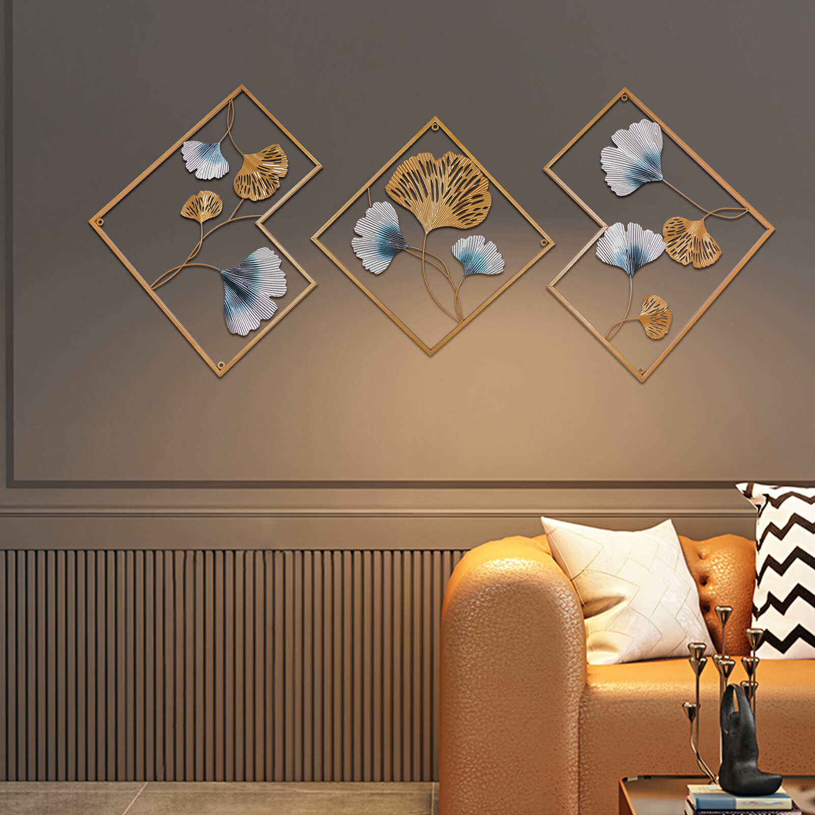 3Pcs 164 x 70.5cm Metal Wall Art Hanging Sculpture Decor 3D Ginkgo Gold & Blue