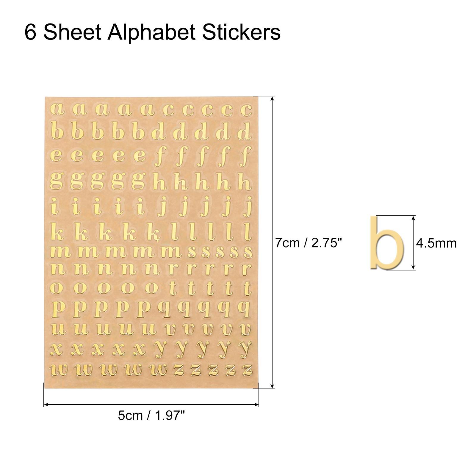 6 Sheets 4.5mm Letter Resin Stickers A to Z Gold Mini Sticker Lowercase