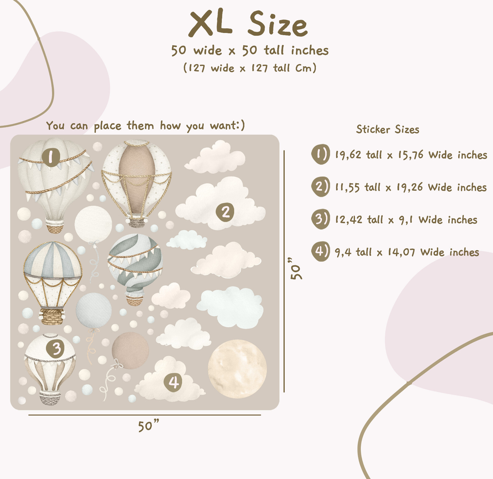 Boho Hot Air Balloon Wall Decals, Neutral Unisex Air Balloons Nursery Decor Set