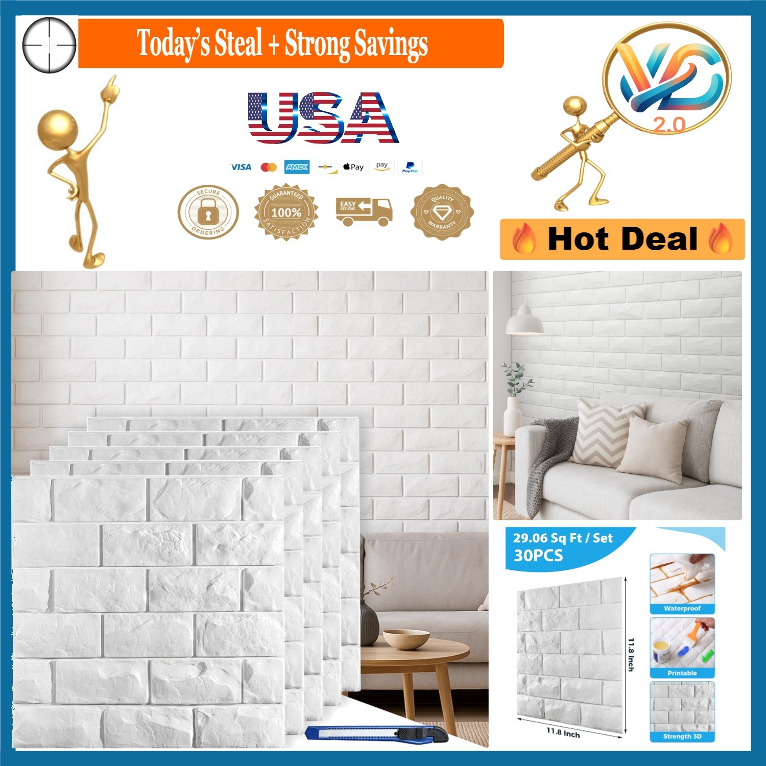 30 Pcs White 3D Brick Wall Panels Printable Self Adhesive Waterproof Foam