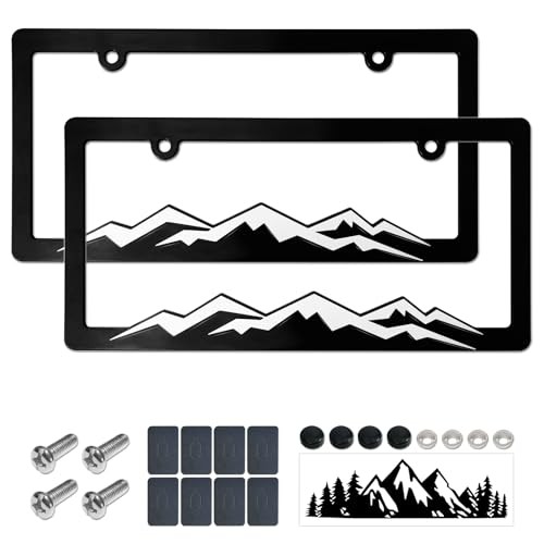 Mountain License Plate Frames on Black, ABS Plastic | 3D Mountain Raised, White
