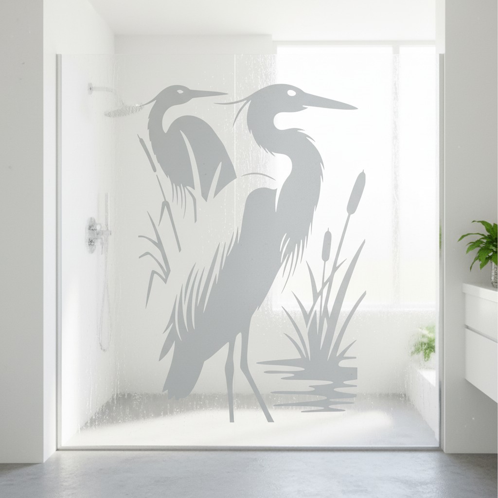 Heron Marsh Bird Etched Glass Look Decal Shower Door Windows 22" wide x 30" tall