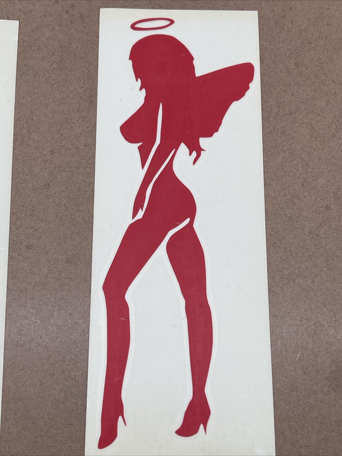 Set Of 2 Devil & Angel Girls Red Vinyl Decal: 8” X 3”, Not For Porous Surfaces