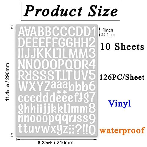 1260 pcs 10 Sheets Self Adhesive Vinyl Letters Numbers Kit, 1 Inch 10 White