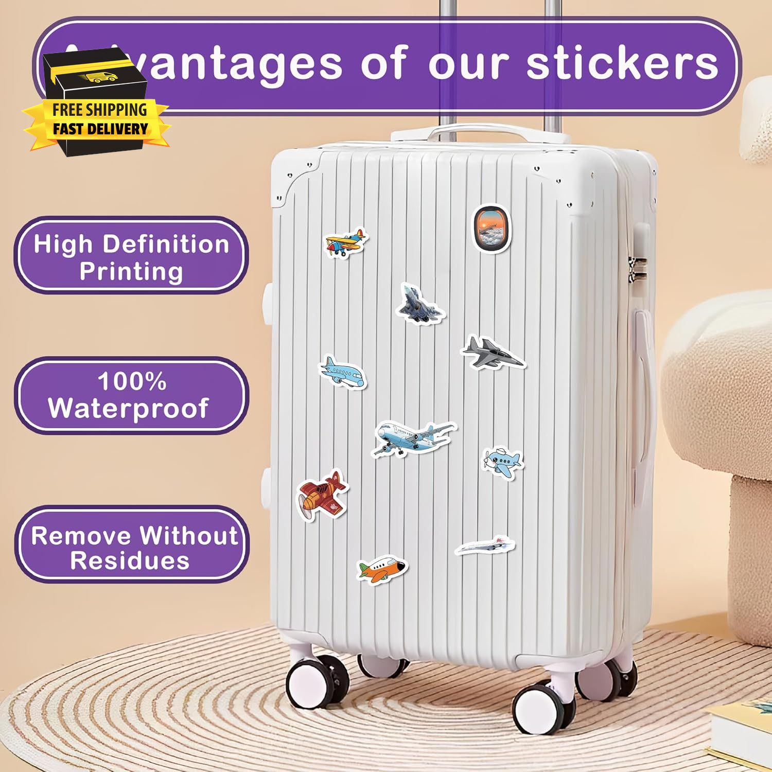 50 Pcs Airplane Vinyl Sticker Waterproof PVC Plane Decals Aircraft Stickers for