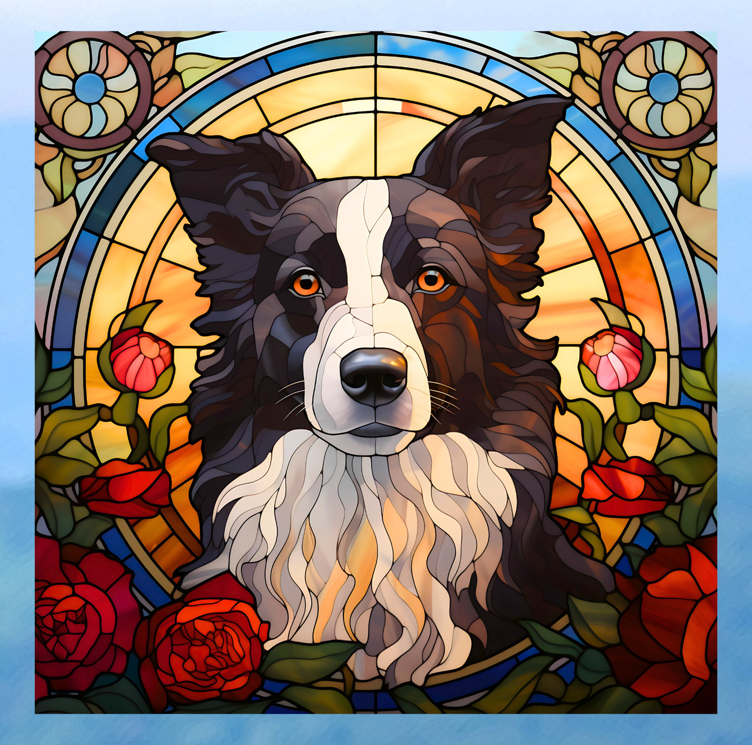 Border Collie Dog Faux Stained-Glass WINDOW CLING Size 8" Square Vinyl
