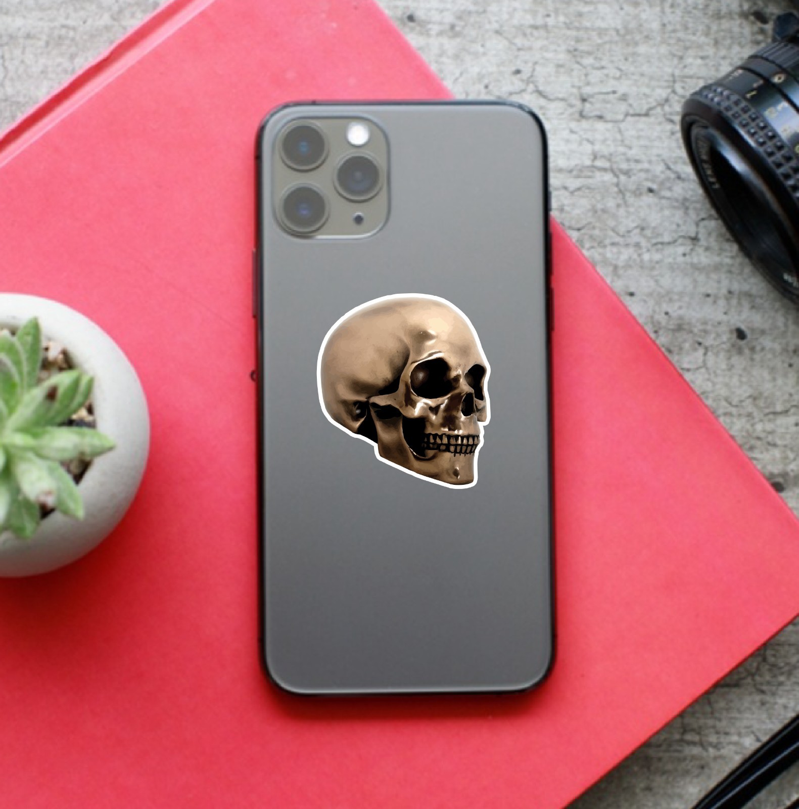 Bronze Skull (2 Stickers) 3.5in, Waterproof, Glossy Finish Vinyl.