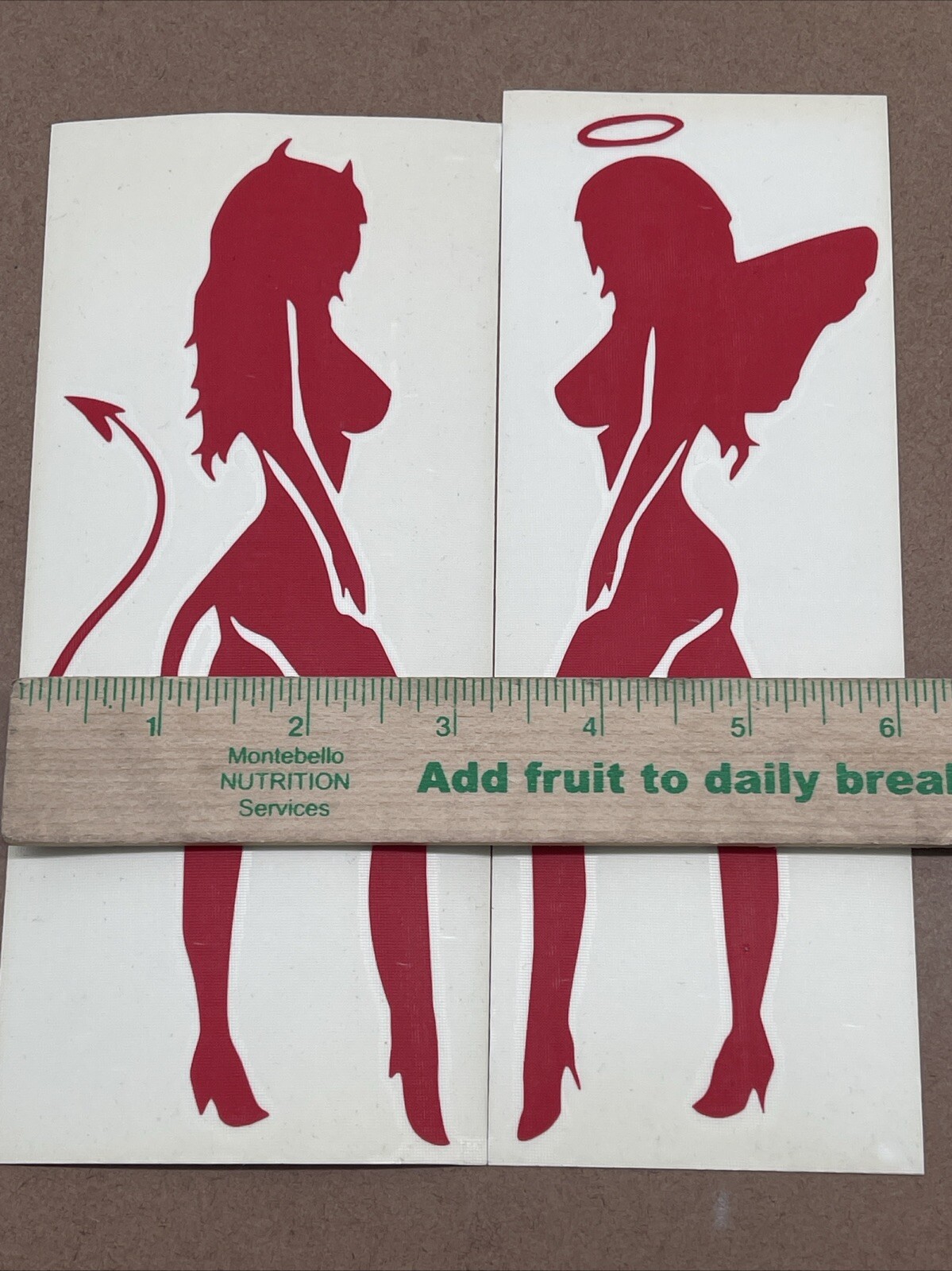 Set Of 2 Devil & Angel Girls Red Vinyl Decal: 8” X 3”, Not For Porous Surfaces