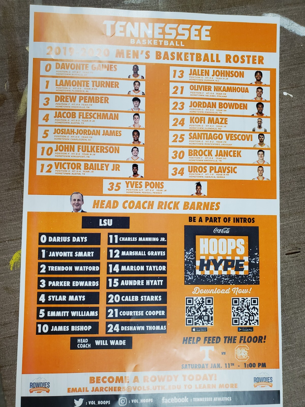 tennessee vols basketball one fly we all fly with roster 11×17 Vols vs LSU